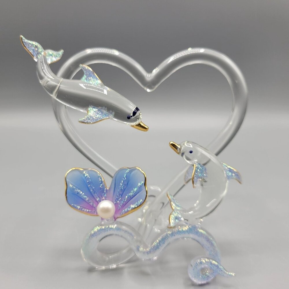 Handcrafted Glass Dolphin Figurine Sparkly Flower Accent Love Valentine Gift